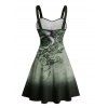 Robe de vacances à motif tourbillonnant de fleurs et de feuilles ombrées, buste froncé, col en cœur, robe trapèze mini décontractée - Vert profond XXXXXL | US 20