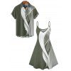 Abstract Lines Print V Neck High Waist Spaghetti Strap Dress and Roll Up Sleeve Shirt Outfit - Vert clair S | US 4