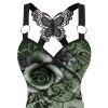 Débardeur de vacances froncé en dentelle avec motif tourbillonnant de fleurs et de feuilles ombré, bretelles à anneau en O, haut long décontracté - Vert profond XXL | US 14