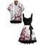 Vacation Couple Outfit Ink Painting Peach Blossom Bird Mountain Pattern Ruched Bust Belt Dress and Button Up Shirt Matching Outfit - Noir S | US 4