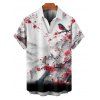 Vacation Couple Outfit Ink Painting Peach Blossom Bird Mountain Pattern Ruched Bust Belt Dress and Button Up Shirt Matching Outfit - Noir S | US 4