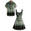Vacation Couple Outfit Ombre Flower Leaf Swirl Pattern Ruched Bust Sweetheart Neck A Line Mini Dress and Button Up Shirt Casual Matching Outfit - Vert profond S | US 4
