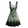 Vacation Couple Outfit Ombre Flower Leaf Swirl Pattern Ruched Bust Sweetheart Neck A Line Mini Dress and Button Up Shirt Casual Matching Outfit - Vert profond S | US 4