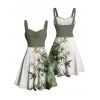 Vacation Couple Outfit Ombre Bamboo Leaf Pattern Ruched Bust Dress and Button Up Shirt Casual Matching Outfit - Vert profond S | US 4