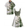 Vacation Couple Outfit Ombre Bamboo Leaf Pattern Ruched Bust Dress and Button Up Shirt Casual Matching Outfit - Vert profond S | US 4