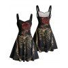 Robe gothique à motif de roses squelettes, buste froncé, col en cœur, mini robe de vacances trapèze - Noir XXXXXL | US 20