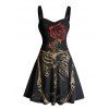 Robe gothique à motif de roses squelettes, buste froncé, col en cœur, mini robe de vacances trapèze - Noir XXXXXL | US 20