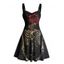 Robe gothique à motif de roses squelettes, buste froncé, col en cœur, mini robe de vacances trapèze - Noir XXXXXL | US 20