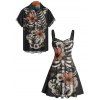 Gothic Couple Outfit Skeleton Flower Leaf Pattern Ruched Bust Sweetheart Neck A Line Mini Dress and Button Up Shirt Holiday Matching Outfit - Noir S | US 4