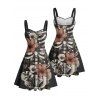 Gothic Couple Outfit Skeleton Flower Leaf Pattern Ruched Bust Sweetheart Neck A Line Mini Dress and Button Up Shirt Holiday Matching Outfit - Noir S | US 4