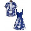Vacation Couple Outfit Sketch Hibiscus Flower Leaf Pattern Ruched Bust Belt Dress and Button Up Shirt Casual Matching Outfit - Bleu S | US 4