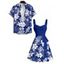 Vacation Couple Outfit Sketch Hibiscus Flower Leaf Pattern Ruched Bust Belt Dress and Button Up Shirt Casual Matching Outfit - Bleu S | US 4