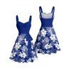Vacation Couple Outfit Sketch Hibiscus Flower Leaf Pattern Ruched Bust Belt Dress and Button Up Shirt Casual Matching Outfit - Bleu S | US 4