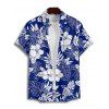 Vacation Couple Outfit Sketch Hibiscus Flower Leaf Pattern Ruched Bust Belt Dress and Button Up Shirt Casual Matching Outfit - Bleu S | US 4