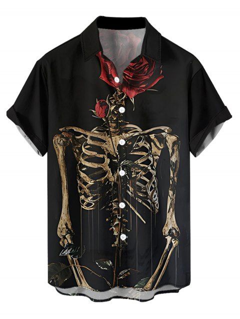 Chemise gothique à manches courtes et boutons pour homme, motif squelette et roses, style vacances