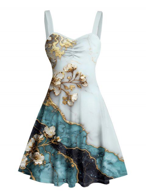 Robe de vacances décontractée à imprimé floral, colorblock, texturée et marbrée, buste froncé, col en cœur, coupe trapèze