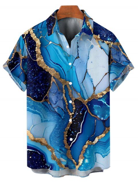 Chemise de vacances à imprimé marbré et paillettes pour homme, décontractée, boutonnée et retroussée, à manches courtes