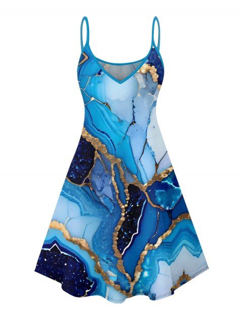 Robe de vacances imprimée à paillettes marbrées colorblock, bretelles spaghetti, col en V, coupe trapèze, mini-robe débardeur décontractée
