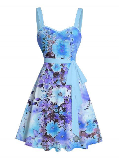 Robe de vacances décontractée à motif de fleurs et de feuilles, froncée, avec ceinture et col en cœur