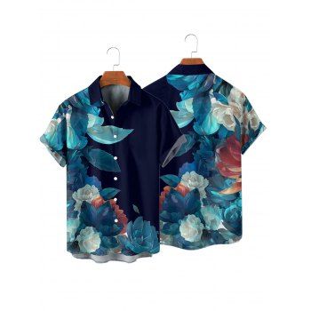 Vacation Couple Outfit Colored Flower Leaf Pattern Ruched Bust Sweetheart Neck A Line Mini Dress and Button Up Shirt Casual Matching Outfit