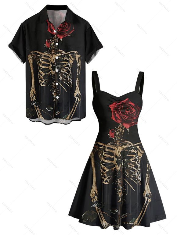 Gothic Couple Outfit Skeleton Rose Pattern Ruched Bust Sweetheart Neck A Line Mini Dress and Button Up Shirt Holiday Matching Outfit - Noir S | US 4