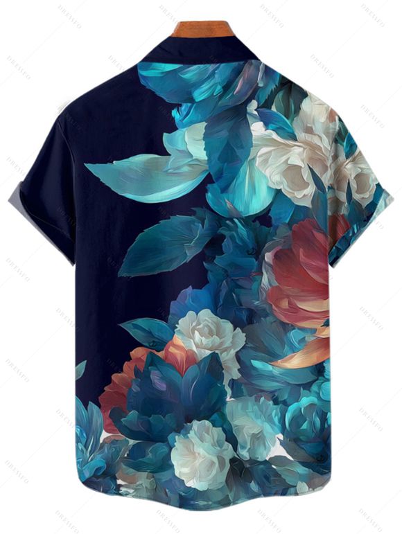 Chemise de vacances à manches courtes et boutons pour homme, motif floral et feuilles colorées, décontractée - Bleu de Minuit 4XL
