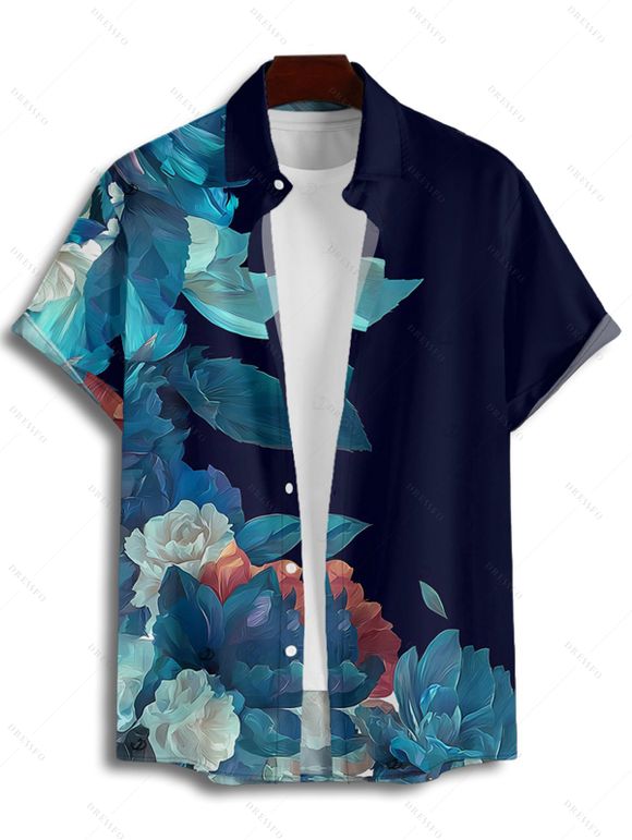 Chemise de vacances à manches courtes et boutons pour homme, motif floral et feuilles colorées, décontractée - Bleu de Minuit 4XL