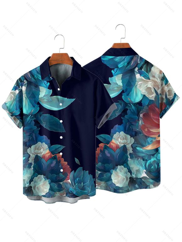 Chemise de vacances à manches courtes et boutons pour homme, motif floral et feuilles colorées, décontractée - Bleu de Minuit 4XL