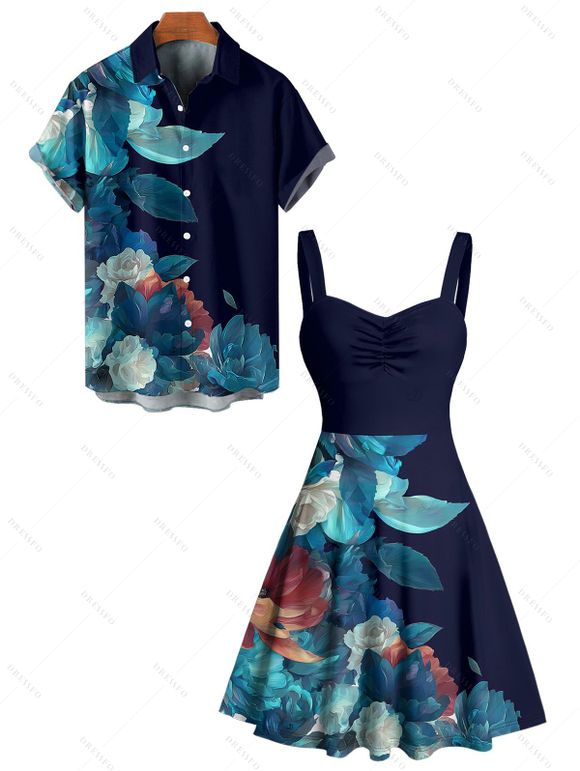 Vacation Couple Outfit Colored Flower Leaf Pattern Ruched Bust Sweetheart Neck A Line Mini Dress and Button Up Shirt Casual Matching Outfit - Bleu de Minuit S | US 4
