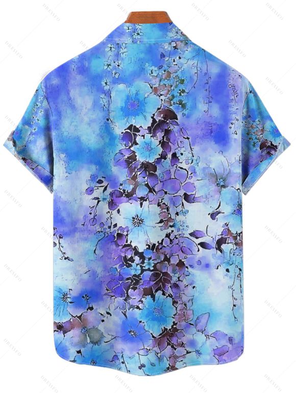 Chemise de vacances à manches courtes et boutons pour homme, motif floral et feuilles, décontractée, tie-dye - Bleu Ciel 4XL