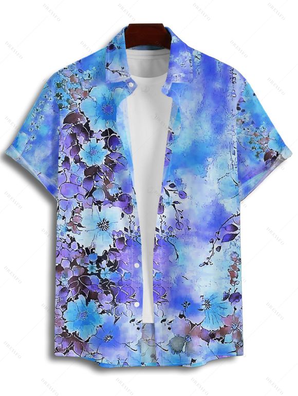 Chemise de vacances à manches courtes et boutons pour homme, motif floral et feuilles, décontractée, tie-dye - Bleu Ciel 4XL