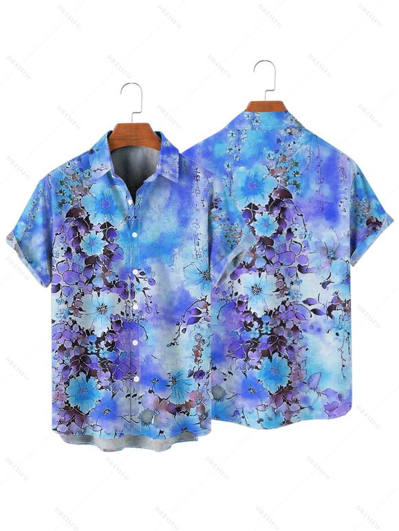 Chemise de vacances à manches courtes et boutons pour homme, motif floral et feuilles, décontractée, tie-dye - Bleu Ciel 4XL