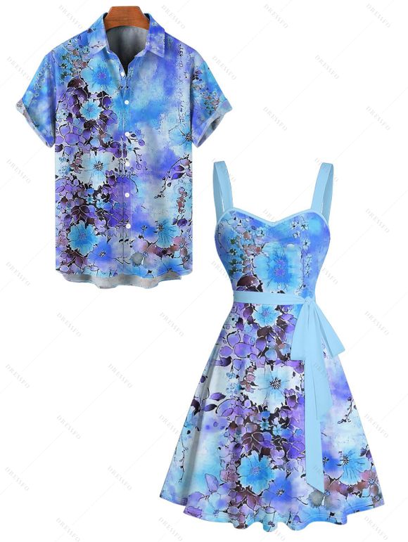 Vacation Couple Outfit Tie Dye Flower Leaf Pattern Ruched Bust Belt Sweetheart Neck Dress and Button Up Shirt Casual Matching Outfit - Bleu Ciel S | US 4