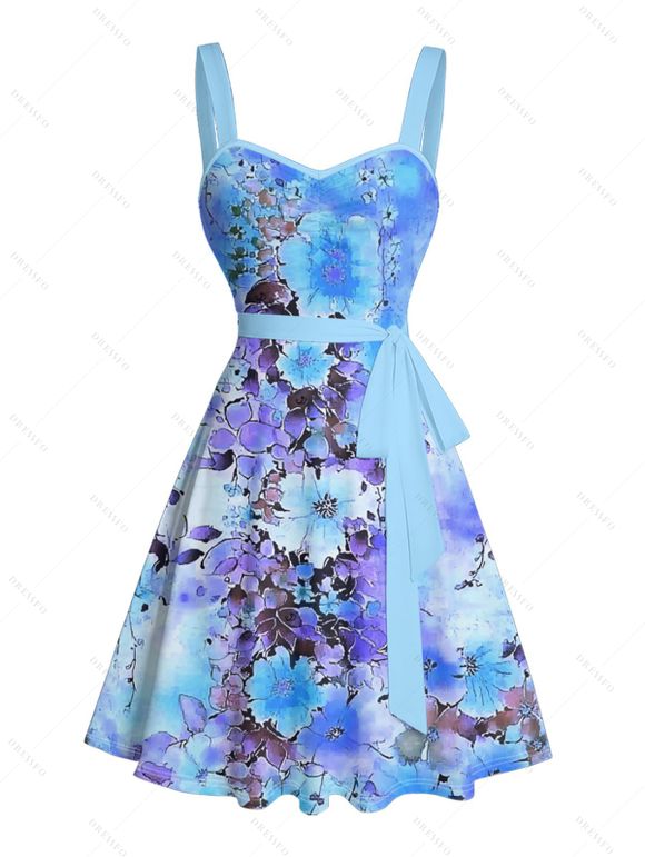 Vacation Couple Outfit Tie Dye Flower Leaf Pattern Ruched Bust Belt Sweetheart Neck Dress and Button Up Shirt Casual Matching Outfit - Bleu Ciel S | US 4