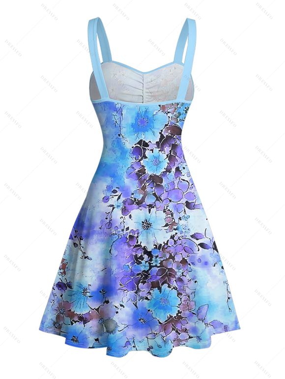 Vacation Couple Outfit Tie Dye Flower Leaf Pattern Ruched Bust Belt Sweetheart Neck Dress and Button Up Shirt Casual Matching Outfit - Bleu Ciel S | US 4