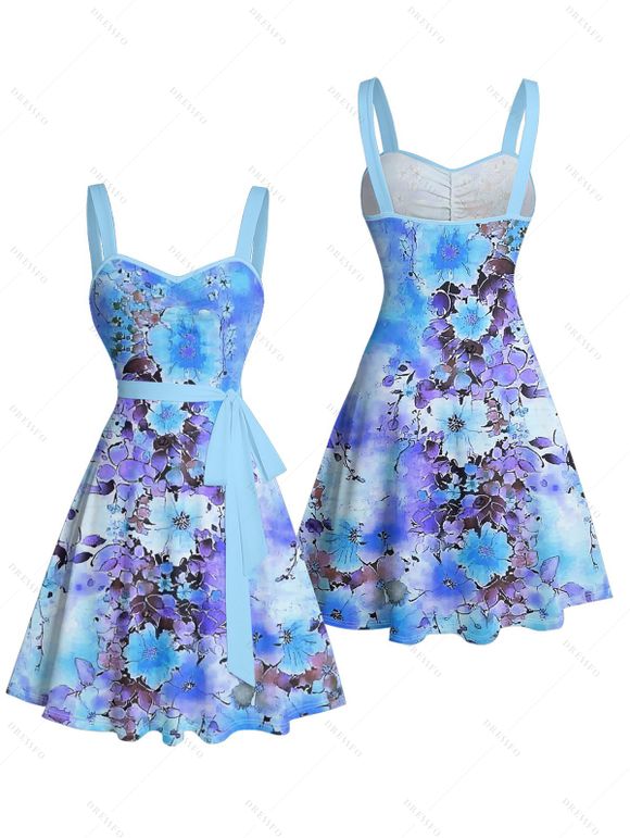 Vacation Couple Outfit Tie Dye Flower Leaf Pattern Ruched Bust Belt Sweetheart Neck Dress and Button Up Shirt Casual Matching Outfit - Bleu Ciel S | US 4