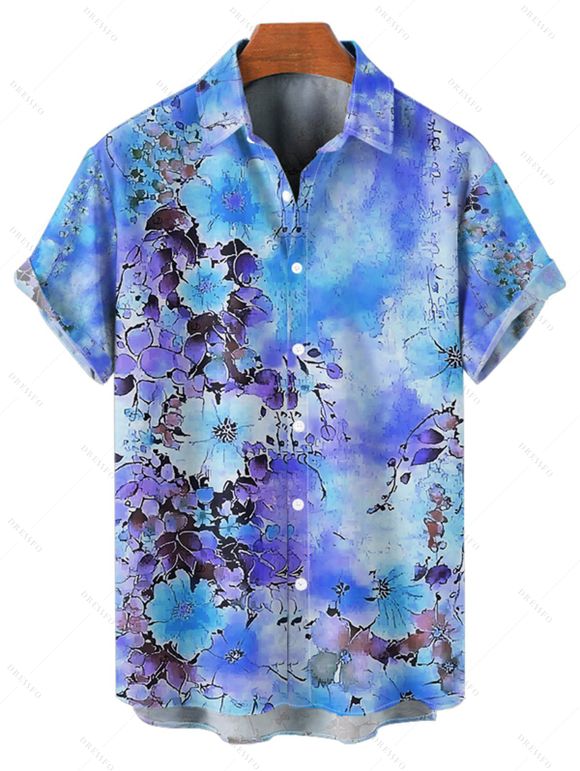 Vacation Couple Outfit Tie Dye Flower Leaf Pattern Ruched Bust Belt Sweetheart Neck Dress and Button Up Shirt Casual Matching Outfit - Bleu Ciel S | US 4