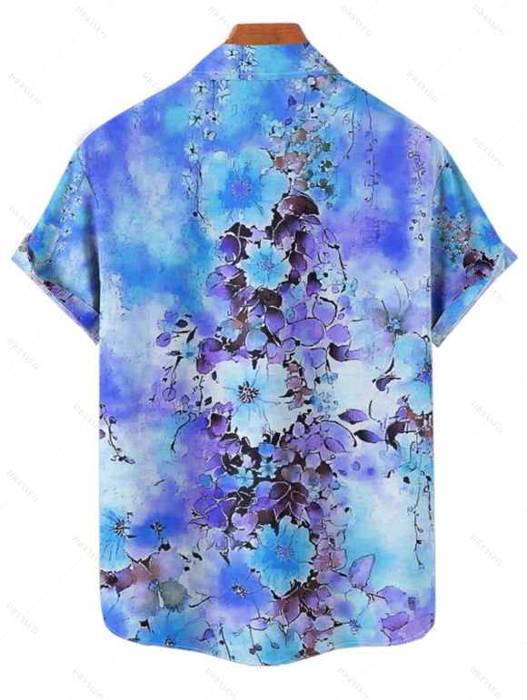 Vacation Couple Outfit Tie Dye Flower Leaf Pattern Ruched Bust Belt Sweetheart Neck Dress and Button Up Shirt Casual Matching Outfit - Bleu Ciel S | US 4