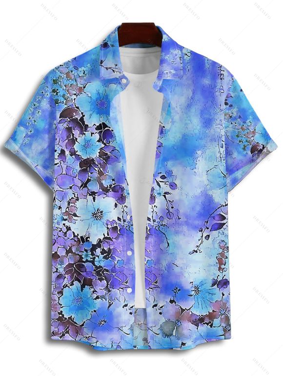 Vacation Couple Outfit Tie Dye Flower Leaf Pattern Ruched Bust Belt Sweetheart Neck Dress and Button Up Shirt Casual Matching Outfit - Bleu Ciel S | US 4