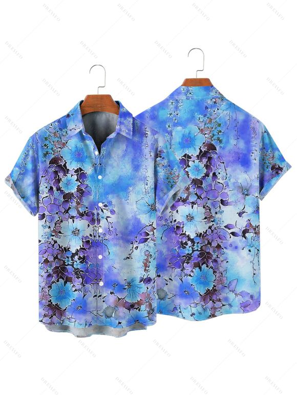 Vacation Couple Outfit Tie Dye Flower Leaf Pattern Ruched Bust Belt Sweetheart Neck Dress and Button Up Shirt Casual Matching Outfit - Bleu Ciel S | US 4