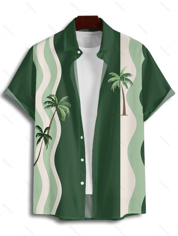Chemise de vacances à manches courtes et boutons pour homme, motif cocotier, à rayures ondulées et à rayures - Vert profond 4XL