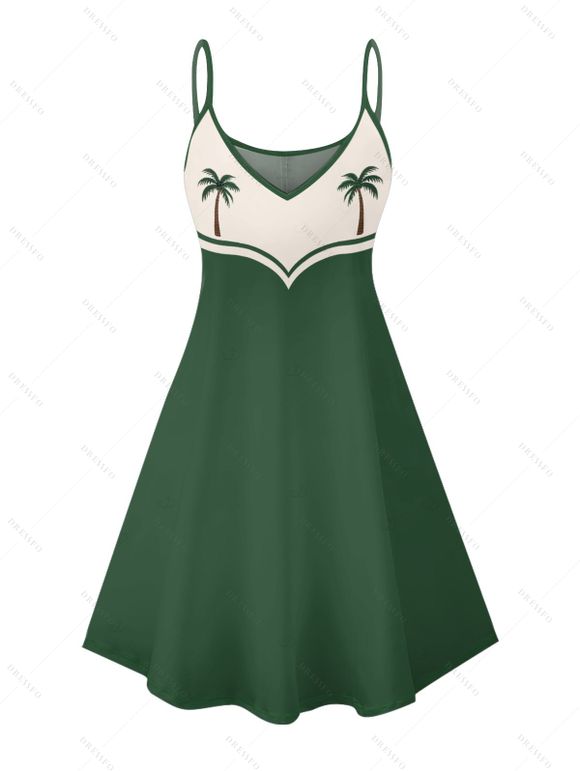 Robe de vacances à motif cocotiers, ligne colorblock, bretelles spaghetti, col en V, coupe trapèze, mini-robe de plage - Vert profond XXXXXL | US 20