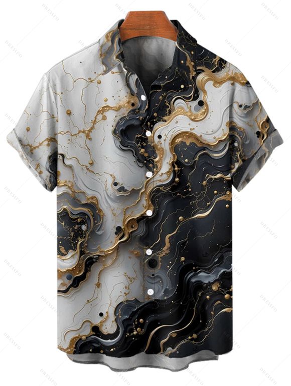 Chemise de vacances à imprimé texturé marbré colorblock pour homme, chemise décontractée à manches courtes et boutonnée et retroussable - Noir 5XL