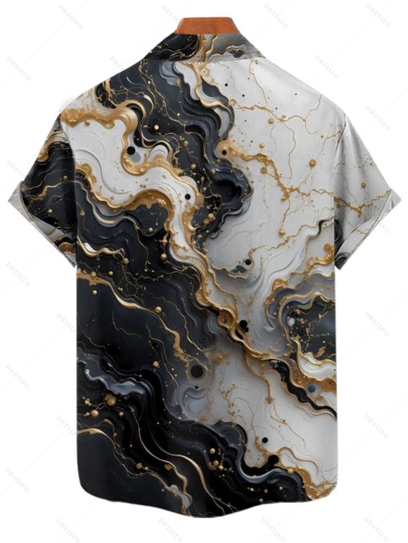 Chemise de vacances à imprimé texturé marbré colorblock pour homme, chemise décontractée à manches courtes et boutonnée et retroussable - Noir 4XL