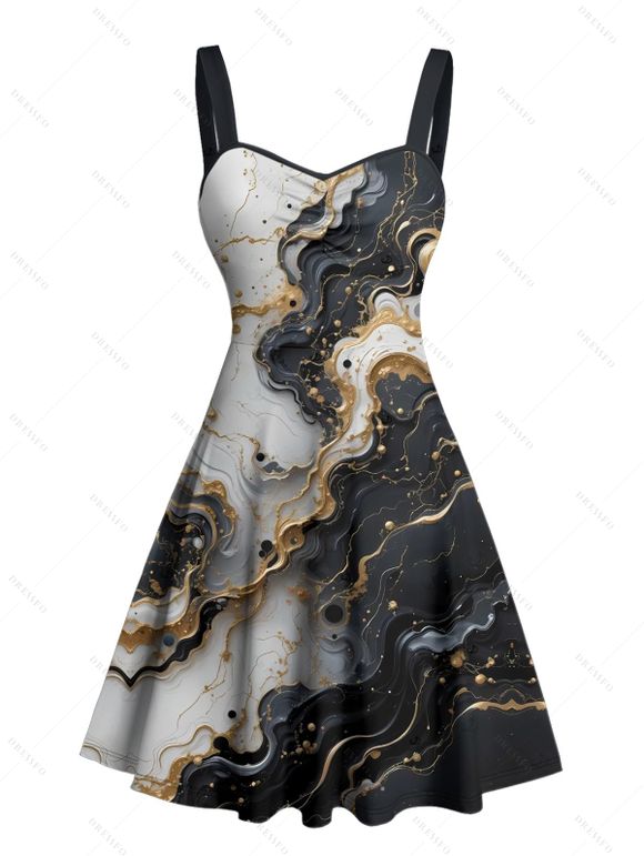 Robe de vacances décontractée à imprimé marbré texturé et colorblock, buste froncé, col en cœur, coupe trapèze - Noir XXXXXL | US 20