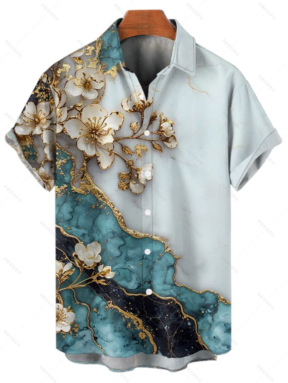 Chemise de vacances à imprimé floral et texturé marbré pour homme, boutonnée, retroussée, manches courtes, décontractée - Bleu clair 5XL