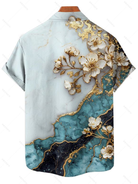 Chemise de vacances à imprimé floral et texturé marbré pour homme, boutonnée, retroussée, manches courtes, décontractée - Bleu clair 2XL