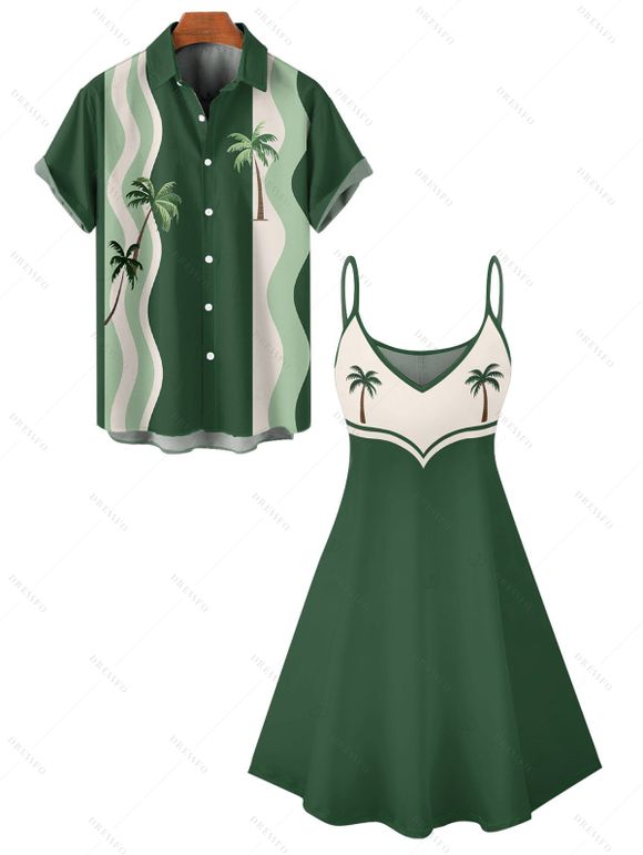 Vacation Couple Outfit Colorblock Line Coconut Tree Pattern Spaghetti Strap Tank Dress and Button Up Shirt Beach Matching Outfit - Vert profond S | US 4