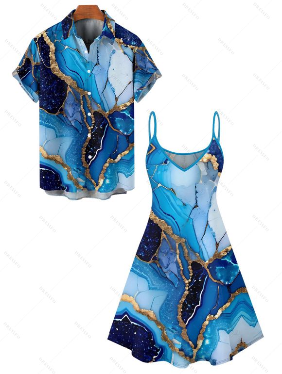 Vacation Couple Outfit Colorblock Marbled Sequined Printed Spaghetti Strap Tank Dress and Button Up Shirt Casual Matching Outfit - Bleu S | US 4