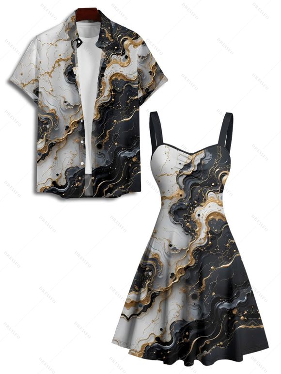 Vacation Couple Outfit Colorblock Marbled Textured Printed Ruched Bust Sweetheart Neck A Line Mini Dress and Button Up Shirt Casual Matching Outfit - Noir S | US 4